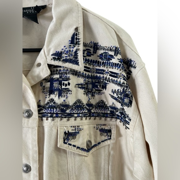 Vintage cotton ivory denim jean jacket embroidered and beaded - Picture 2 of 5